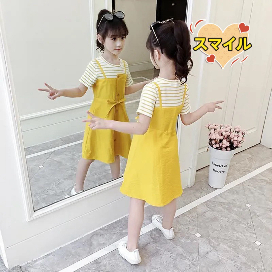 キッズワンピース　切り替え　鮮やか　半袖　女の子　夏服イエロー110 キッズ/ベビー/マタニティのキッズ服女の子用(90cm~)(ワンピース)の商品写真