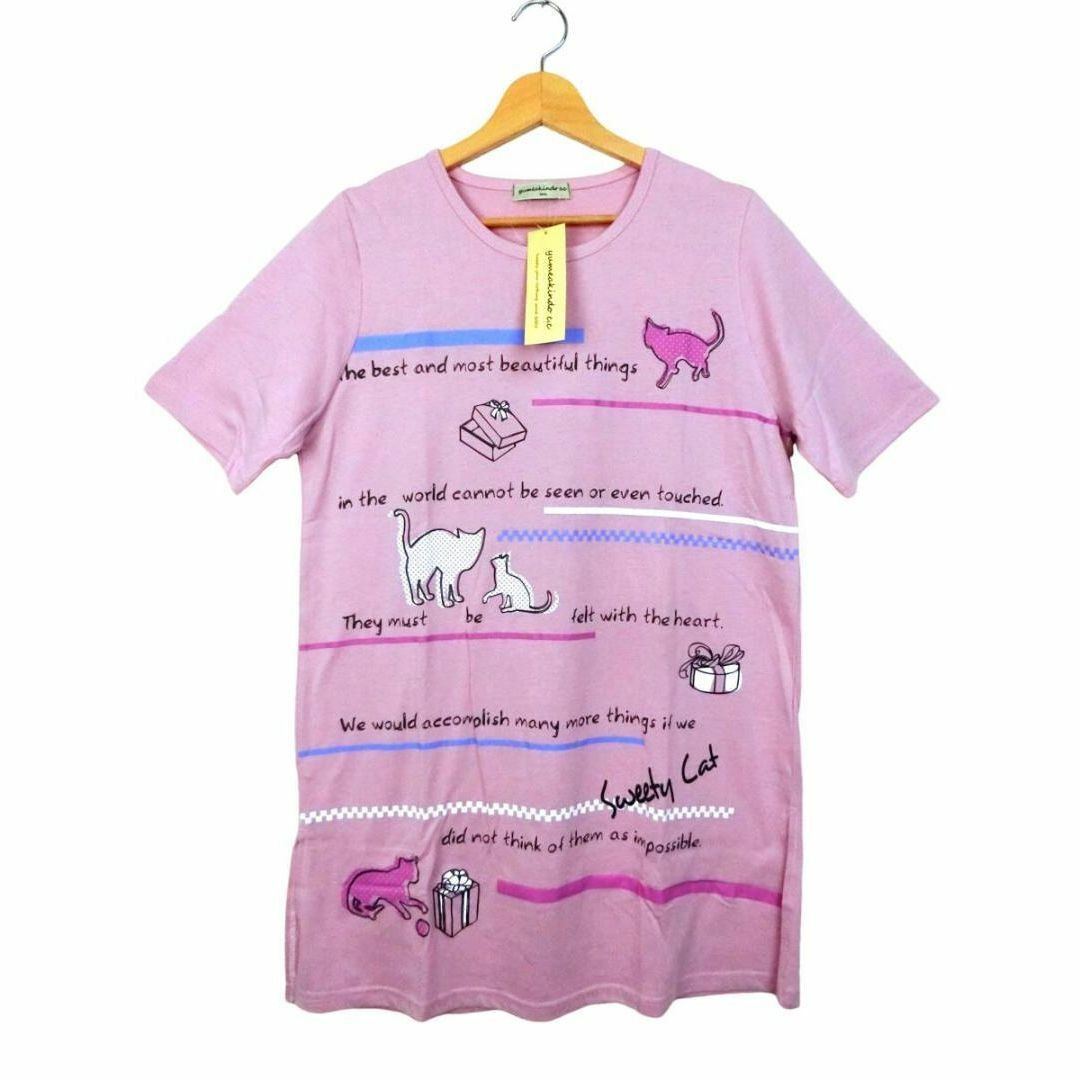 未使用 yumeakindo 猫柄半袖チュニックTシャツ M～Lサイズ ピンク レディースのトップス(Tシャツ(半袖/袖なし))の商品写真