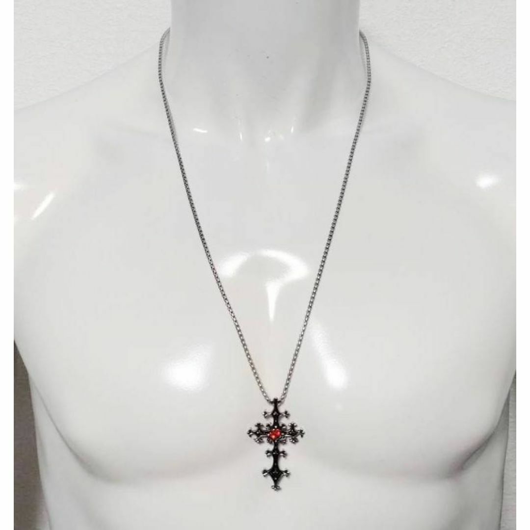 クロス　レッドストーン　ネックレス　フレア　十字架　ロザリオ　ロック　パンク メンズのアクセサリー(ネックレス)の商品写真
