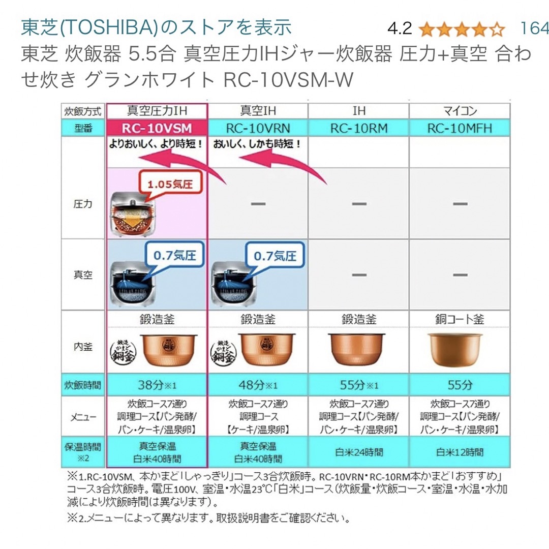 東芝(トウシバ)のTOSHIBA 東芝 真空圧力IH炊飯器 RC-10VSL 5合炊き スマホ/家電/カメラの調理家電(炊飯器)の商品写真