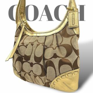 コーチ(COACH)の美品✨コーチ　ショルダーバッグ　シグネチャー　ゴールド　キャンバス　レザー(ショルダーバッグ)