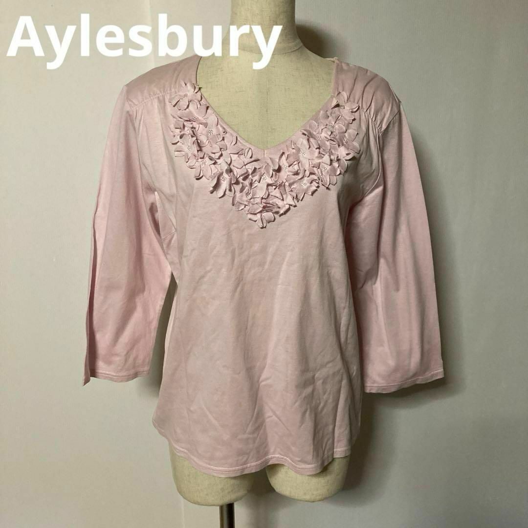 Aylesbury(アリスバーリー)のアリスバーリー　ピンク　花モチーフ　薄手　７部袖　Tシャツ　春夏　大きなサイズ レディースのトップス(Tシャツ(長袖/七分))の商品写真