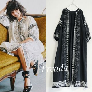 フリークスストア(FREAK'S STORE)の美品 Freada フリーダ インドコード刺繍ワンピース 黒 FREE 完売品(ロングワンピース/マキシワンピース)