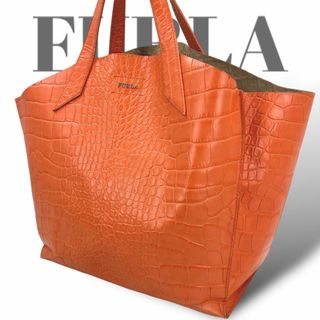 フルラ(Furla)のフルラ　トートバッグ　A4収納可　レザークロコ型押し　オレンジ　大容量(トートバッグ)