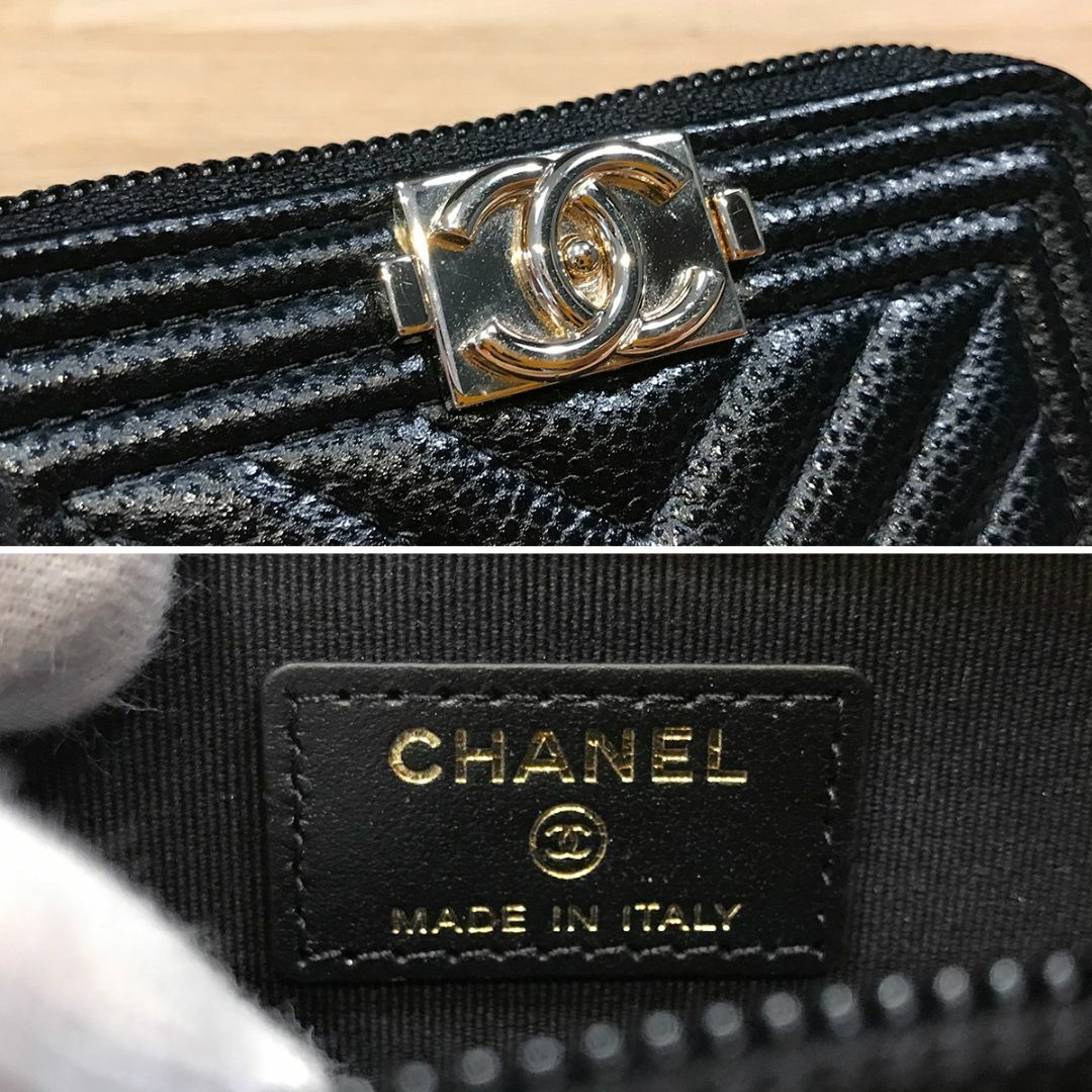 CHANEL(シャネル)の新品同様 シャネル ボーイシャネル シェブロン ジップコインパース GD金具 黒 レディースのファッション小物(コインケース)の商品写真