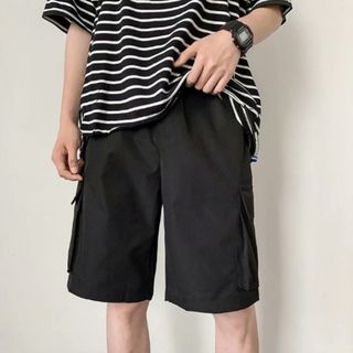 【再入荷】 カーゴパンツ ショート 大きめ ブラック L ストリート メンズ(ワークパンツ/カーゴパンツ)