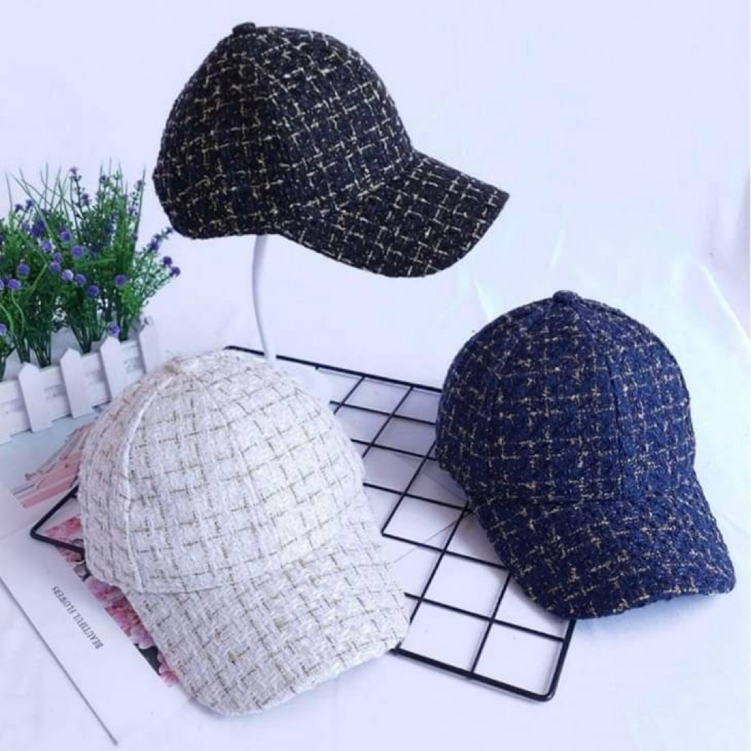 キャップ　ツイード　紫外線対策　帽子　シンプル　韓国　ネイビー レディースの帽子(キャップ)の商品写真