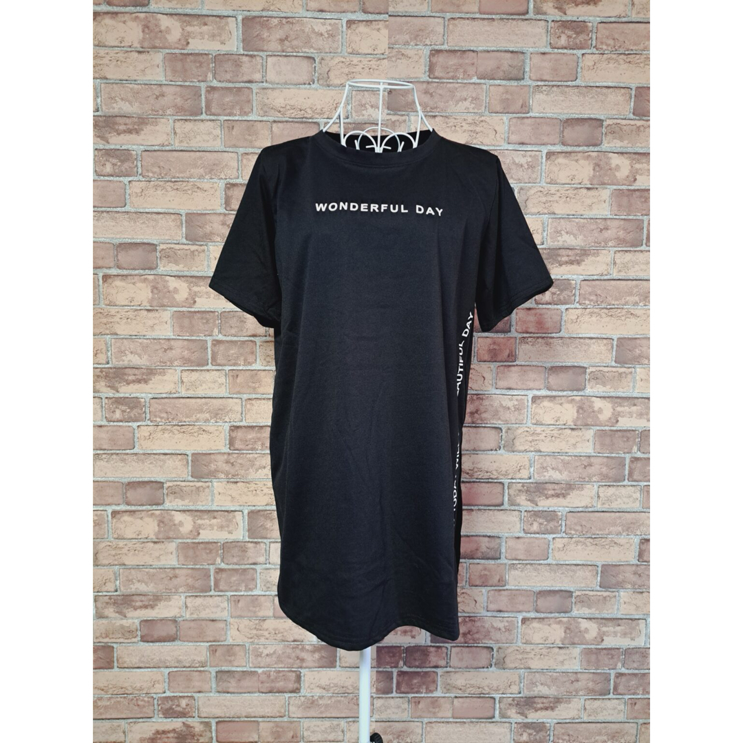 フェイクTシャツ  ワンポイント ロゴ ワンピース風 スリッド風 ブラック  L レディースのトップス(Tシャツ(半袖/袖なし))の商品写真