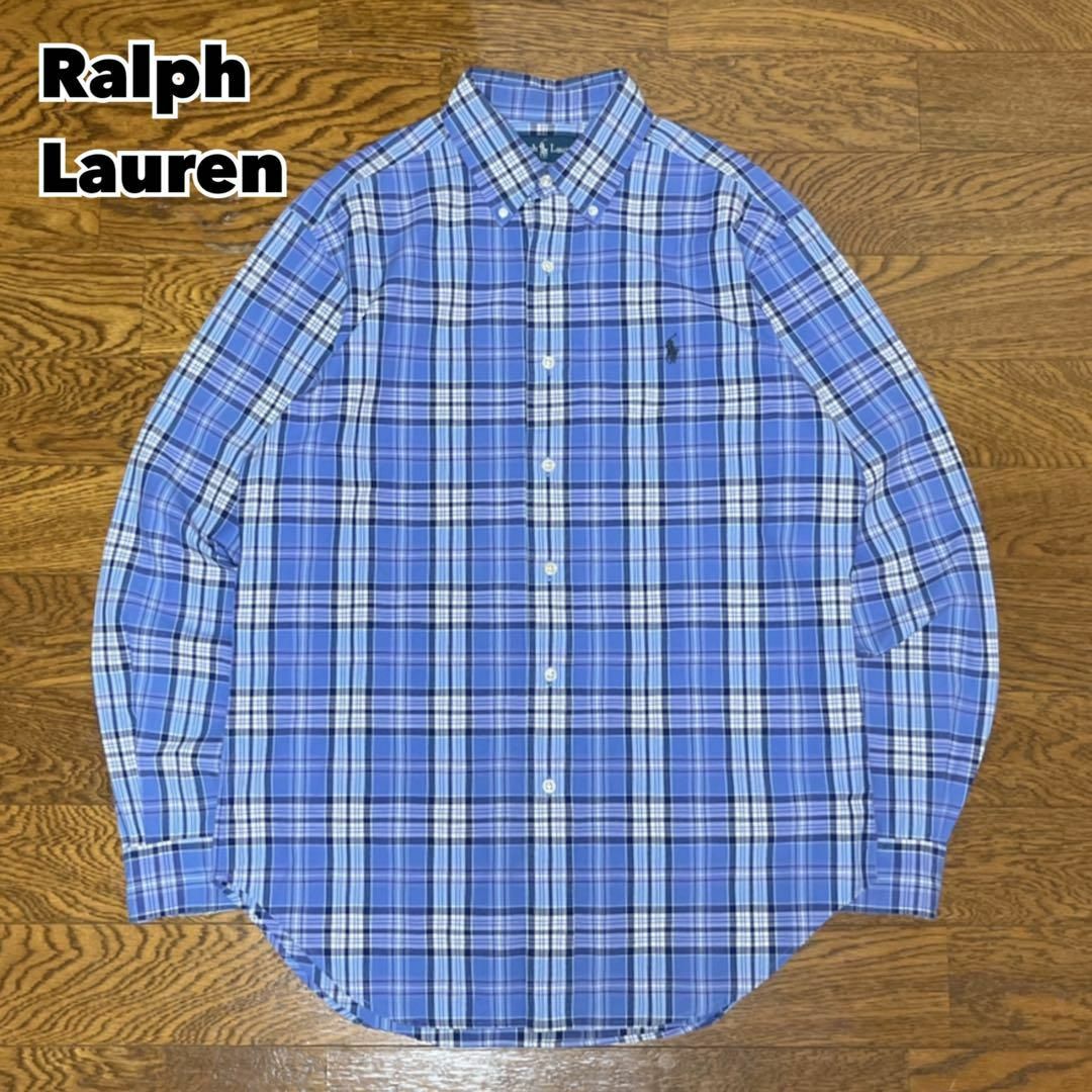 Ralph Lauren(ラルフローレン)のRalph Lauren ラルフローレン チェックシャツ 刺繍ロゴ 青 ブルー メンズのトップス(Tシャツ/カットソー(七分/長袖))の商品写真