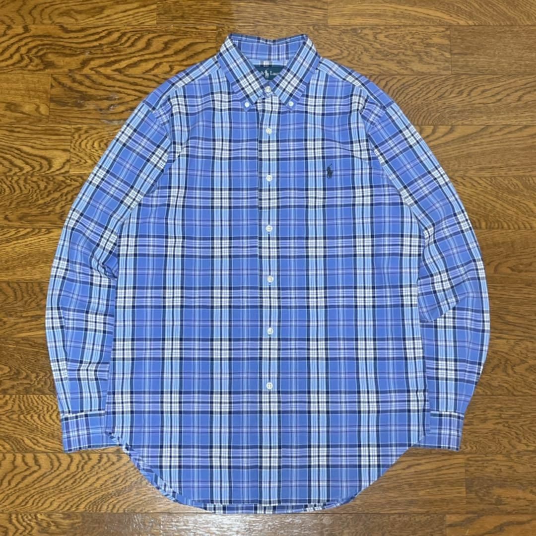 Ralph Lauren(ラルフローレン)のRalph Lauren ラルフローレン チェックシャツ 刺繍ロゴ 青 ブルー メンズのトップス(Tシャツ/カットソー(七分/長袖))の商品写真
