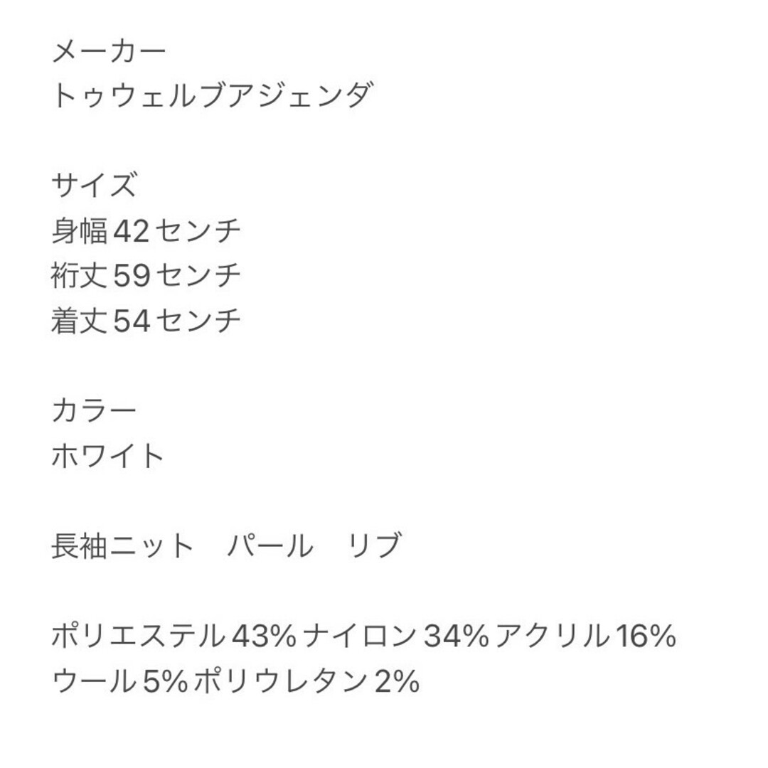 12Twelve Agenda(トゥエルブアジェンダ)のトゥエルブアジェンダ　長袖ニット　M　ホワイト　パール　リブ　ポリ　ナイロン レディースのトップス(ニット/セーター)の商品写真