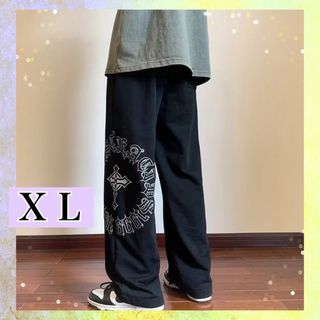 【再入荷！】メンズ パンツ XL ストレート 黒 ブラック カジュアル 裏起毛(ワークパンツ/カーゴパンツ)