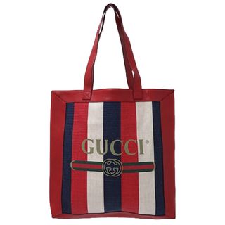 グッチ(Gucci)のグッチ GUCCI バッグ レディース メンズ ブランド トートバッグ グッチプリント キャンバス レッド 523781 トリコロール 赤 ストライプ 大容量 おしゃれ 【中古】(トートバッグ)