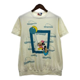 ディズニー(Disney)の80年代 USA製 Disney ディズニー ベビー ミッキー ミニー 立体プリント 半袖Ｔシャツ キャラクター アイボリー (メンズ L) 中古 古着 Q6610(Tシャツ/カットソー(半袖/袖なし))