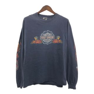 00年代 USA製 HARLEY DAVIDSON ハーレーダビッドソン 長袖Ｔシャツ バイク 袖プリント ブラック (メンズ XL) 中古 古着 Q6619