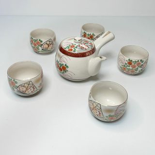 九谷焼 茶器揃 番茶器 急須 湯呑 五客 扇面菊文様 金彩 色絵 九谷陶和