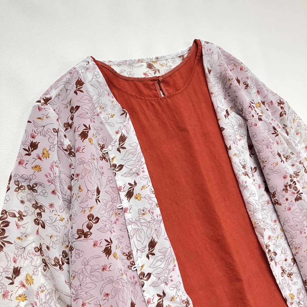 ◆美品◆花柄シフォン半袖ブラウス◆カーディガン◆白ホワイト◆リーフ柄◆L〜LL◆ レディースのトップス(シャツ/ブラウス(半袖/袖なし))の商品写真