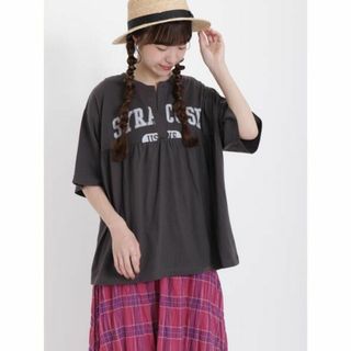 サマンサモスモス(SM2)の少し難あり★ロゴプリント切替ギャザースキッパーTシャツ＊チャコール(カットソー(半袖/袖なし))