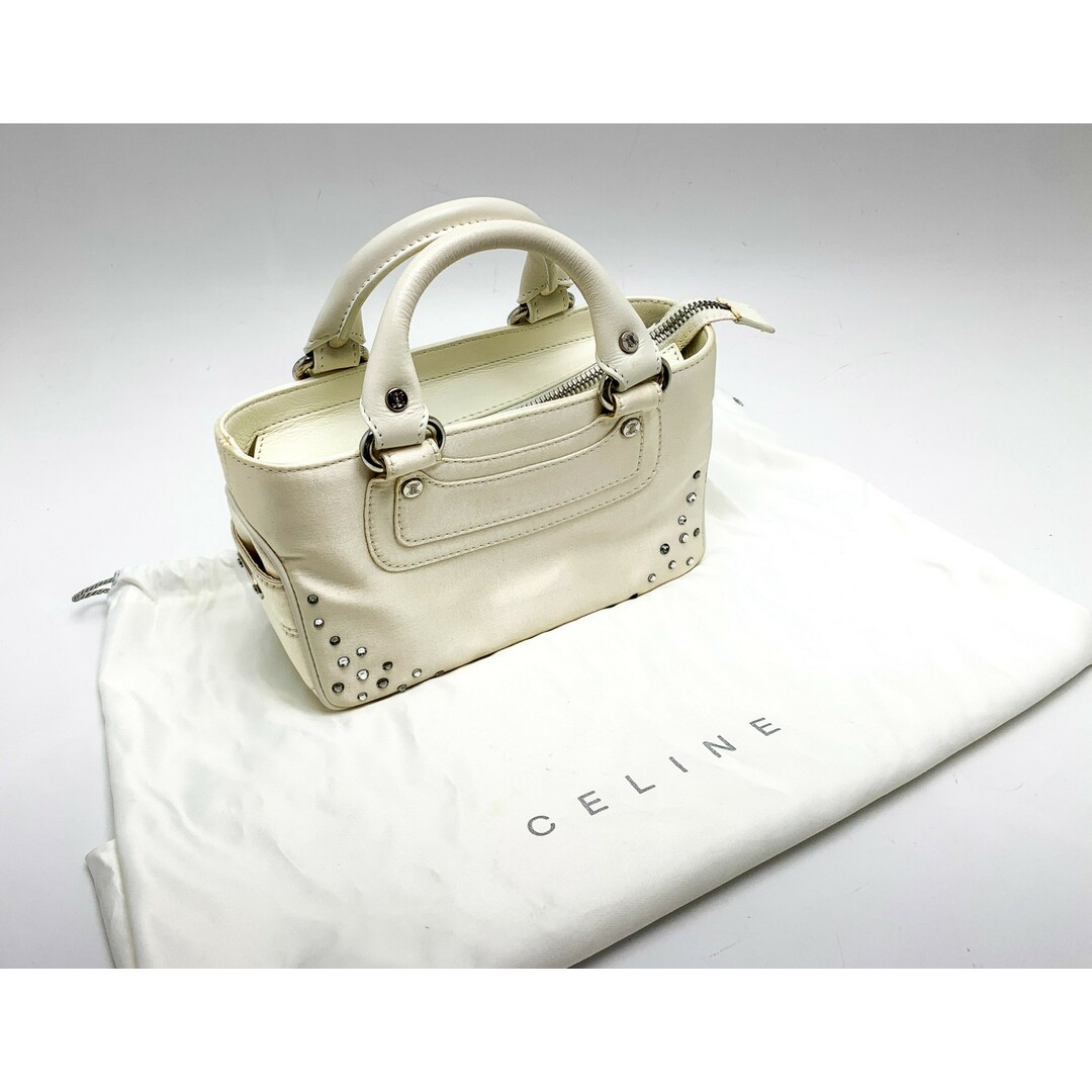 celine(セリーヌ)のCELINE セリーヌ 白 ホワイト ビジュー付き ラインストーン ミニブギーバッグ ハンドバッグ 鞄 カバン ブランド ※ビジュー1ヶ所取れ レディースのバッグ(ハンドバッグ)の商品写真