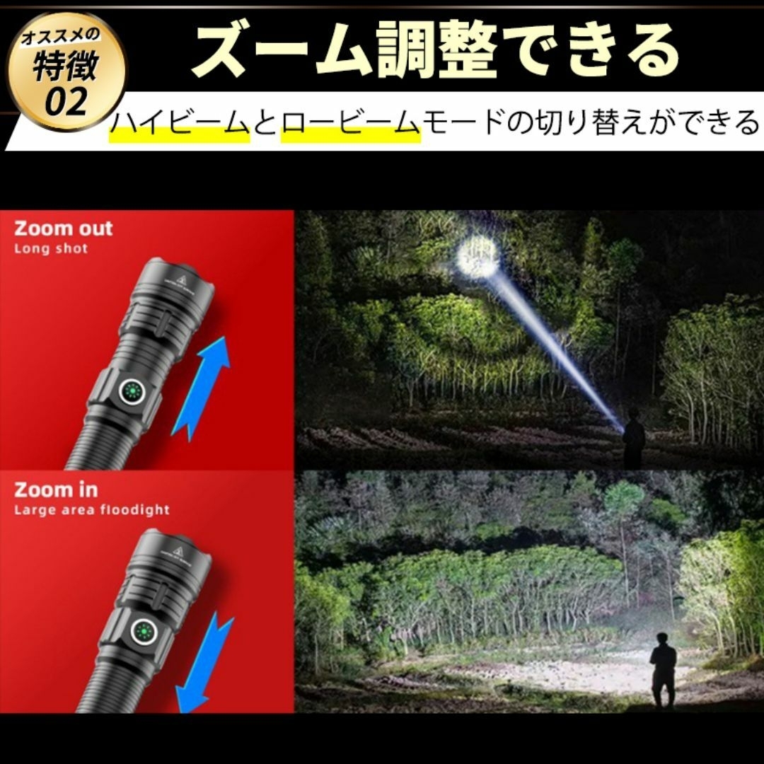 懐中電灯 led 20000ルーメン ハンディライト USB充電 防災 高輝度 スポーツ/アウトドアのアウトドア(ライト/ランタン)の商品写真