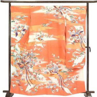 振袖 着物 身丈165cm 裄69cm 前幅24cm 後幅30cm 袖丈112cm 袖幅35cm レディース 袷 花柄 裄長 裄L-LLサイズ 秋冬春用 正絹（シルク）オレンジ地 トールサイズ やや難 リサイクル リメイク リユース【中古】(着物)