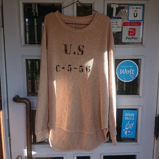 MILITARY - ワッフル ロング Tシャツ ステンシルリメイク サイズL