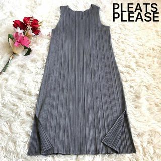 プリーツプリーズイッセイミヤケ(PLEATS PLEASE ISSEY MIYAKE)の【美品】プリーツプリーズ ワンピース チュニック グレー L 3 スリット(ひざ丈ワンピース)