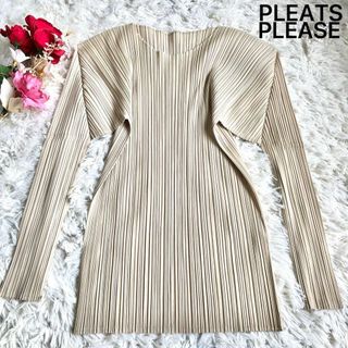 プリーツプリーズイッセイミヤケ(PLEATS PLEASE ISSEY MIYAKE)の【美品】プリーツプリーズ カットソー 長袖 3 L ベージュ 大きいサイズ(Tシャツ(長袖/七分))