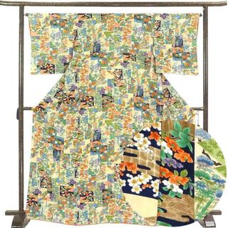 小紋 着物 身丈168cm 裄65cm 前幅25cm 後幅30cm 袖丈49cm 袖幅32.5cm レディース 袷 花柄 裄Mサイズ 秋冬春用 正絹（シルク）多色使い トールサイズ 未使用品 リサイクル リメイク リユース【中古】(着物)