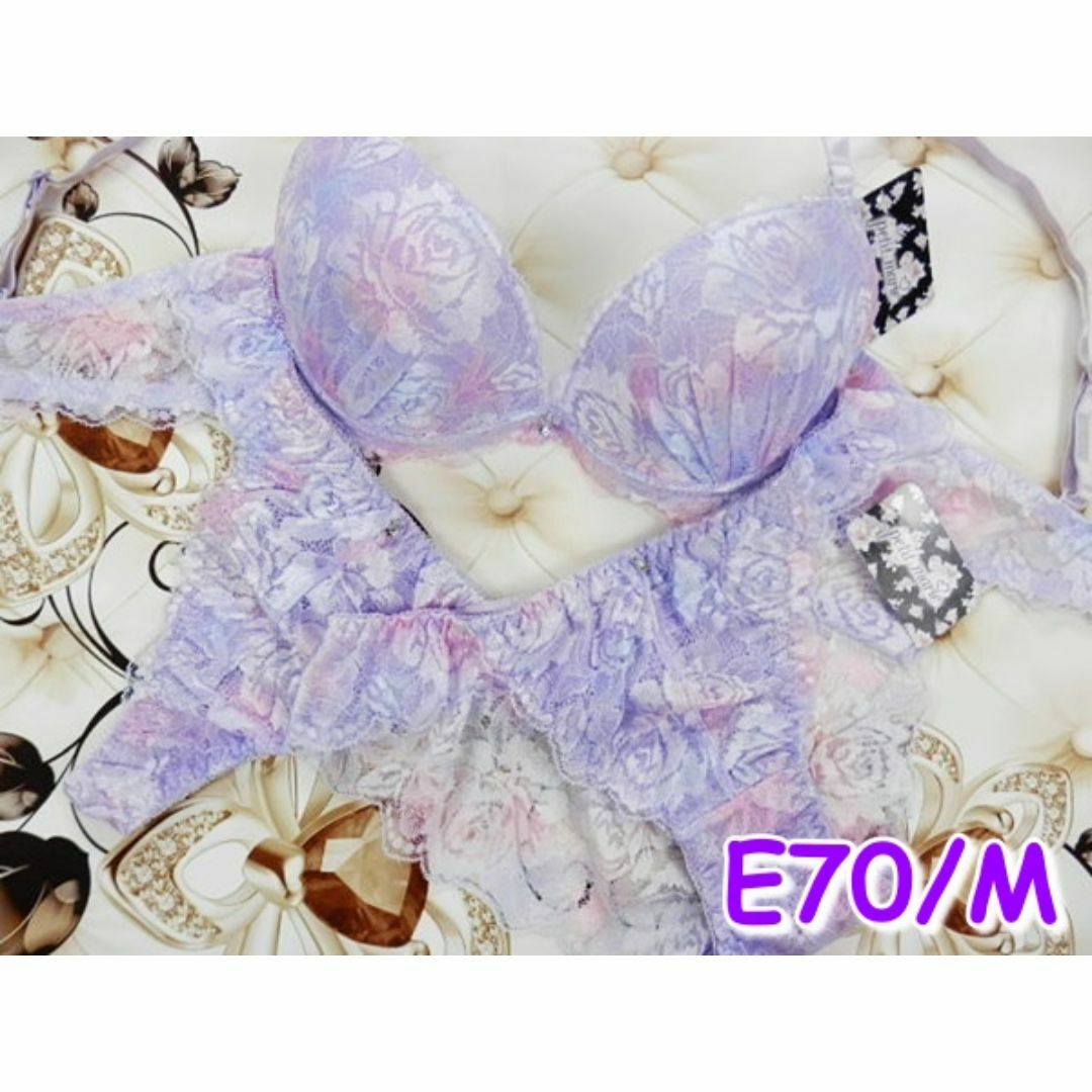PA07★E70 M★ブラ レースバック&Ｔバッバックショーツセット 紫 レディースの下着/アンダーウェア(ブラ&ショーツセット)の商品写真