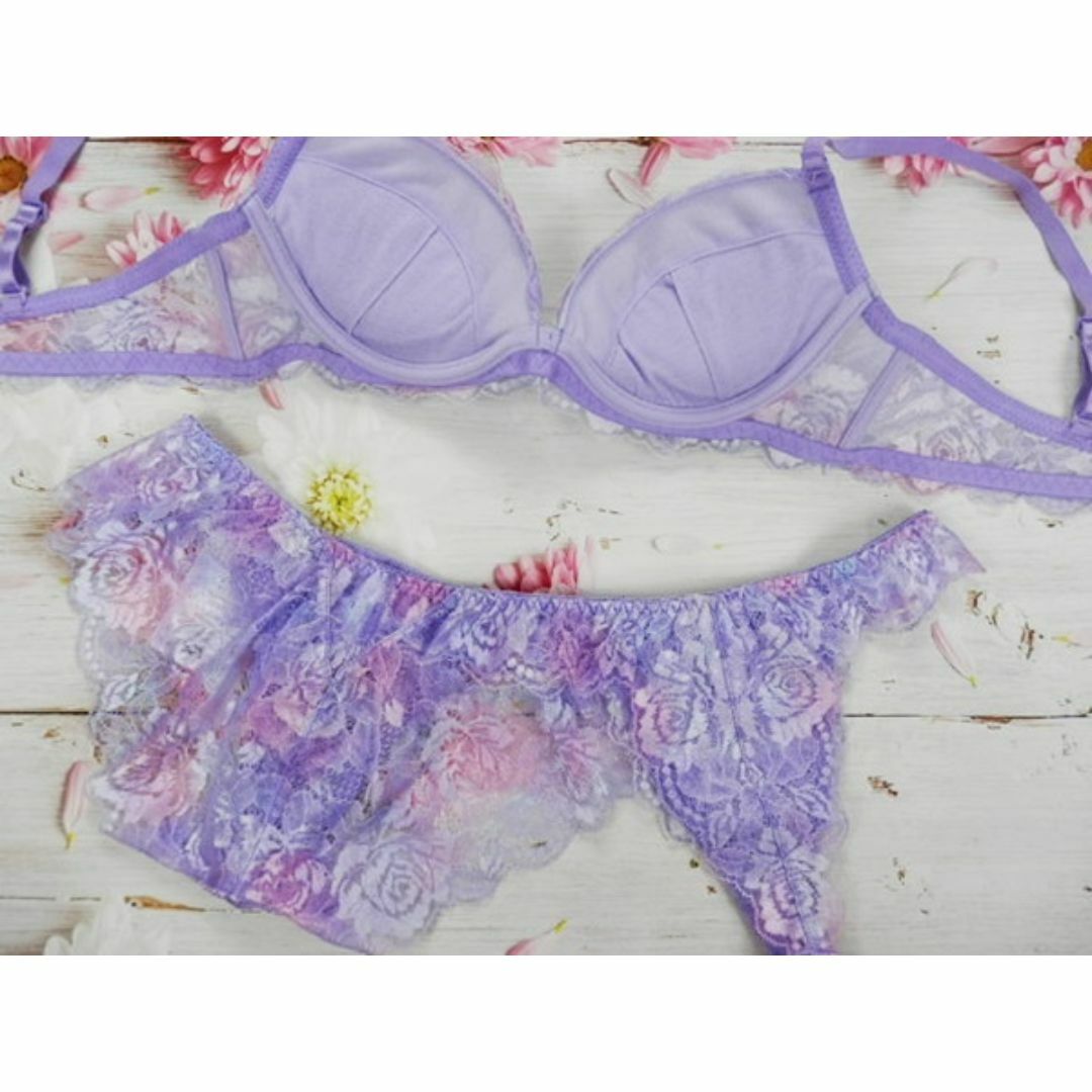 PA07★E70 M★ブラ レースバック&Ｔバッバックショーツセット 紫 レディースの下着/アンダーウェア(ブラ&ショーツセット)の商品写真