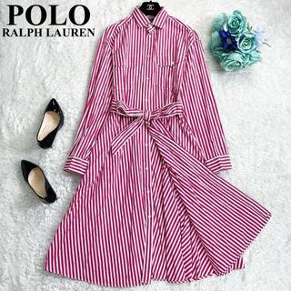 ポロラルフローレン(POLO RALPH LAUREN)のポロ　ラルフローレン　シャツワンピース　マキシ丈　ベルト　ストライプ　ピンク　4(ロングワンピース/マキシワンピース)