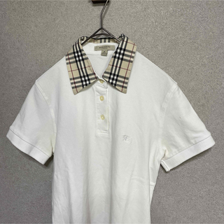 BURBERRY - 【良】バーバリーロンドン　ポロシャツ　刺繍　ノバチェック　M ホワイト