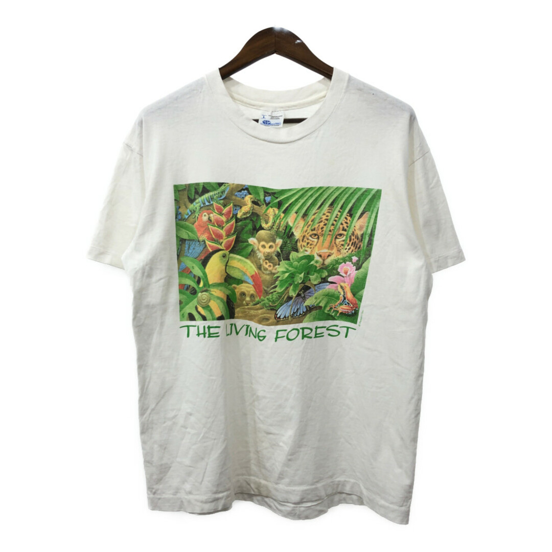 90年代 USA製 human-i-tees The Living Forest 半袖Ｔシャツ ホワイト (メンズ L) 中古 古着 Q6661 メンズのトップス(Tシャツ/カットソー(半袖/袖なし))の商品写真