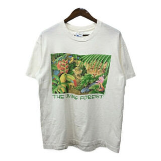 90年代 USA製 human-i-tees The Living Forest 半袖Ｔシャツ ホワイト (メンズ L) 中古 古着 Q6661(Tシャツ/カットソー(半袖/袖なし))