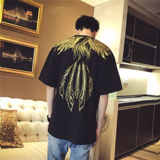 【品薄】半袖 ストリート 黒 XL オーバーサイズ 鳳凰 バックプリント 金(Tシャツ/カットソー(半袖/袖なし))