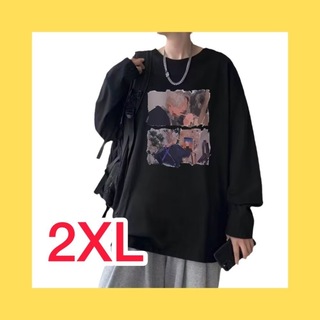 ユニセックス　ロンT　プリントTシャツ　レトロ　オーバーサイズ　韓国　黒　2XL(Tシャツ/カットソー(七分/長袖))