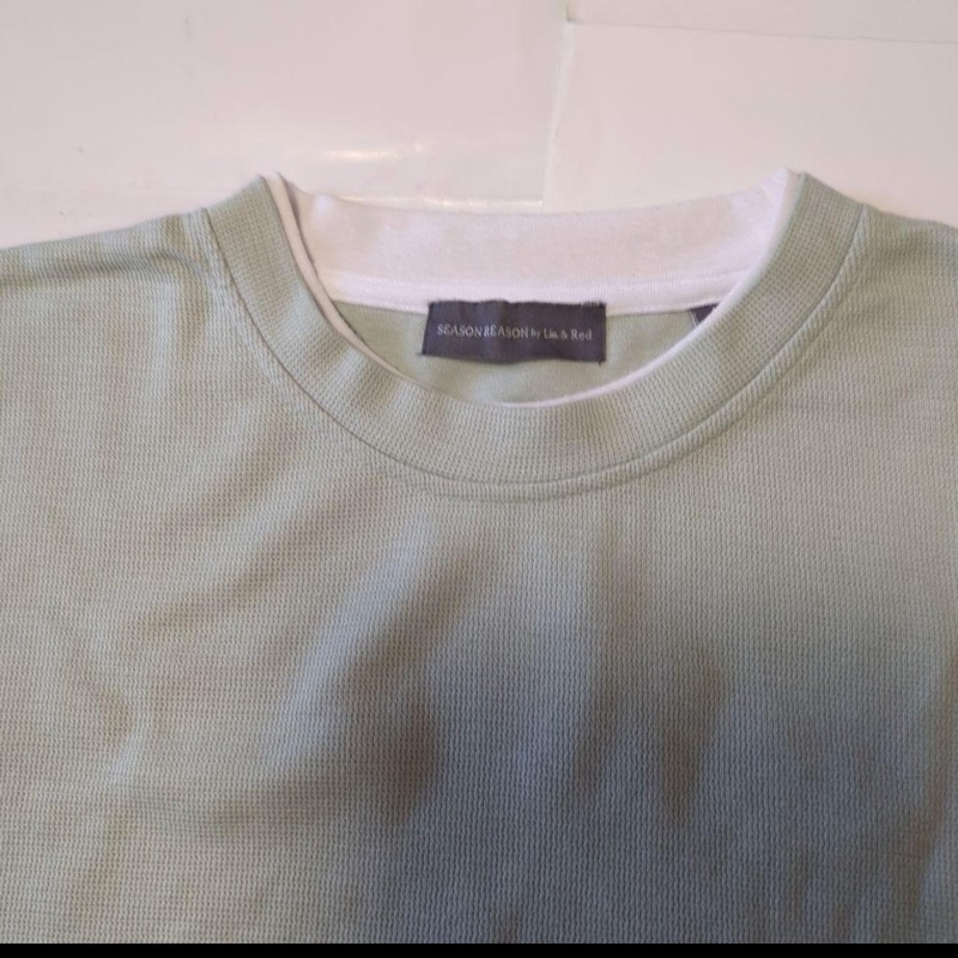 メンズ首元裾白のラインおしゃれシャツLLサイズ身幅59着丈70薄いグリーン新品! メンズのトップス(Tシャツ/カットソー(半袖/袖なし))の商品写真