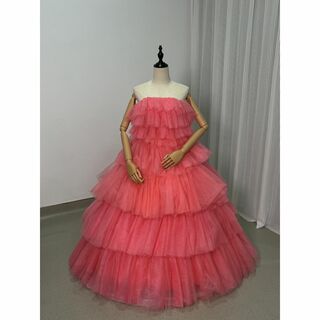 フランス風 ローズピンク パーティードレス ベアトップ 柔らかく重ねたチュールス(ウェディングドレス)