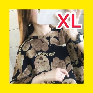 夏服 レディース クマのTシャツ オーバーサイズ ブラック トップス (Tシャツ(長袖/七分))