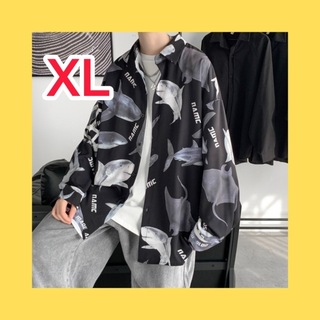 メンズ　長袖　シャツ　韓国　柄シャツ　プリント　オーバーサイズ　黒　XL(シャツ)