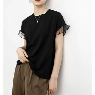 メッシュスリーブ Tシャツ 黒　ブラック　シンプル　オルチャン　上品(Tシャツ(半袖/袖なし))
