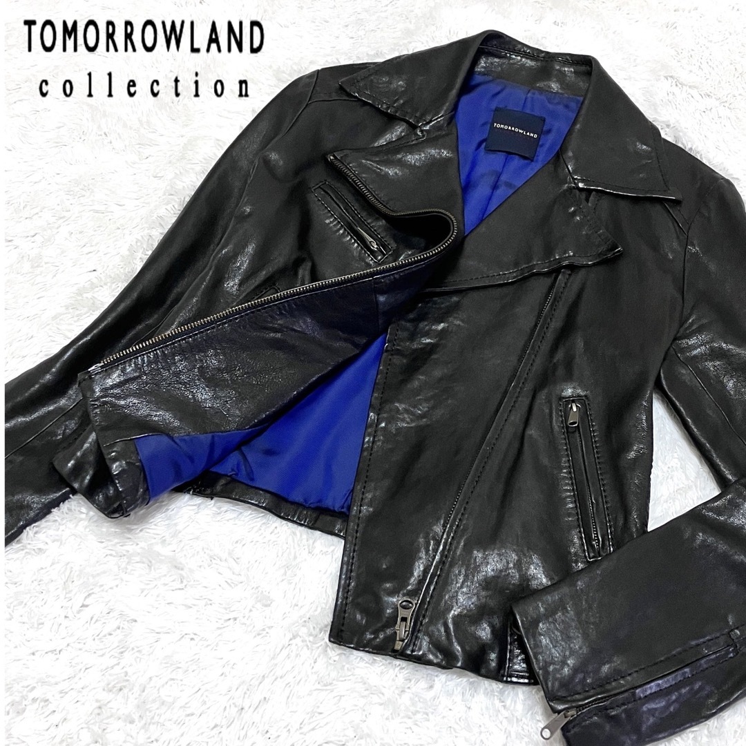 TOMORROWLAND(トゥモローランド)のトゥモローランドコレクション  本革 羊革  レザージャケット  裏地ブルー レディースのジャケット/アウター(ライダースジャケット)の商品写真