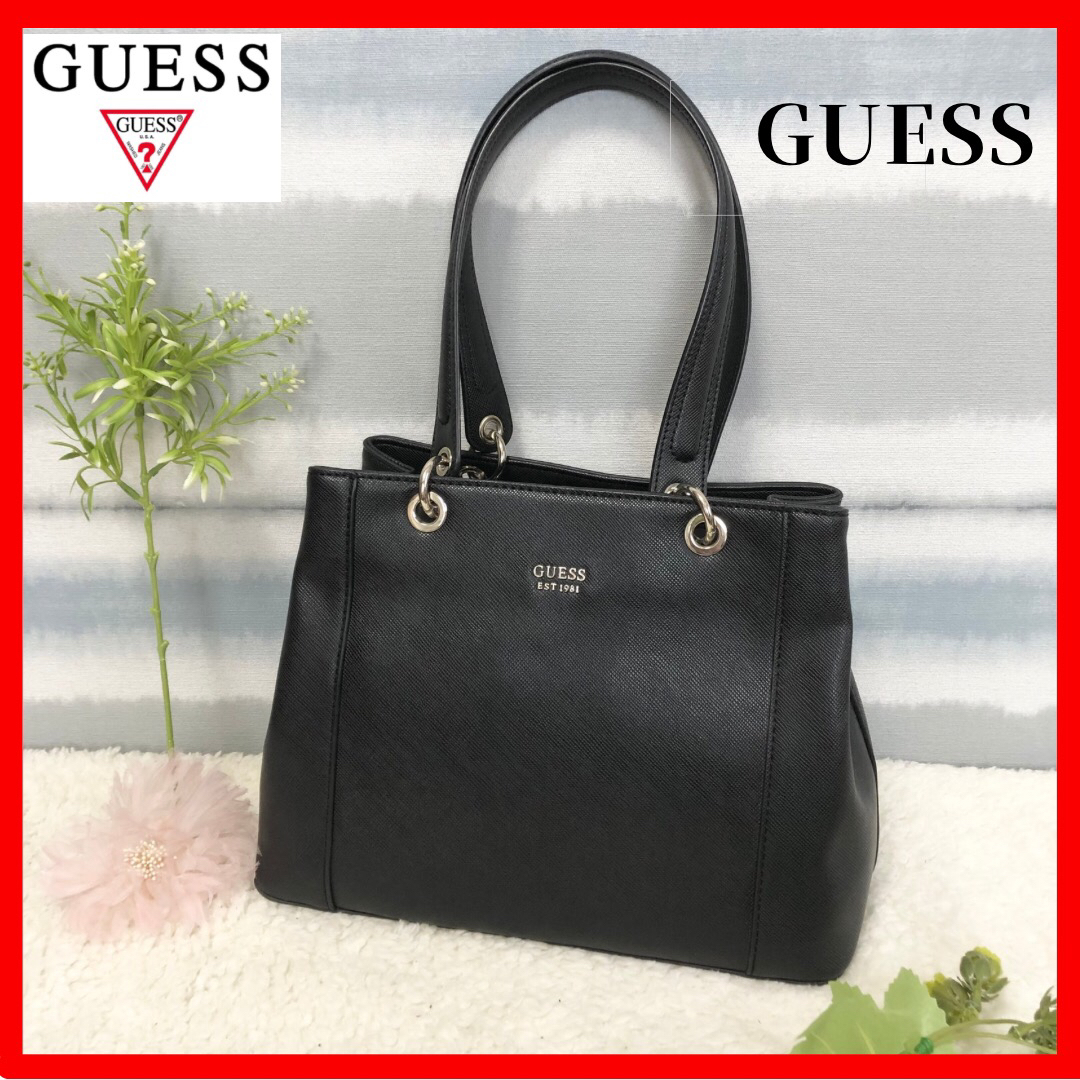 GUESS(ゲス)の美品【GUESS】ゲス トートバッグ　ハンドバッグ　ブラック　黒　レザー レディースのバッグ(トートバッグ)の商品写真