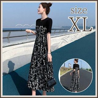 花柄 ワンピース XL 黒 白 大人かわいい シンプル マタニティ(ロングワンピース/マキシワンピース)