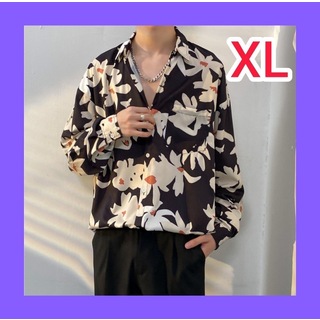 メンズ シャツ 長袖 花柄 フラワー 黒 レトロ 香港風 XL (シャツ)