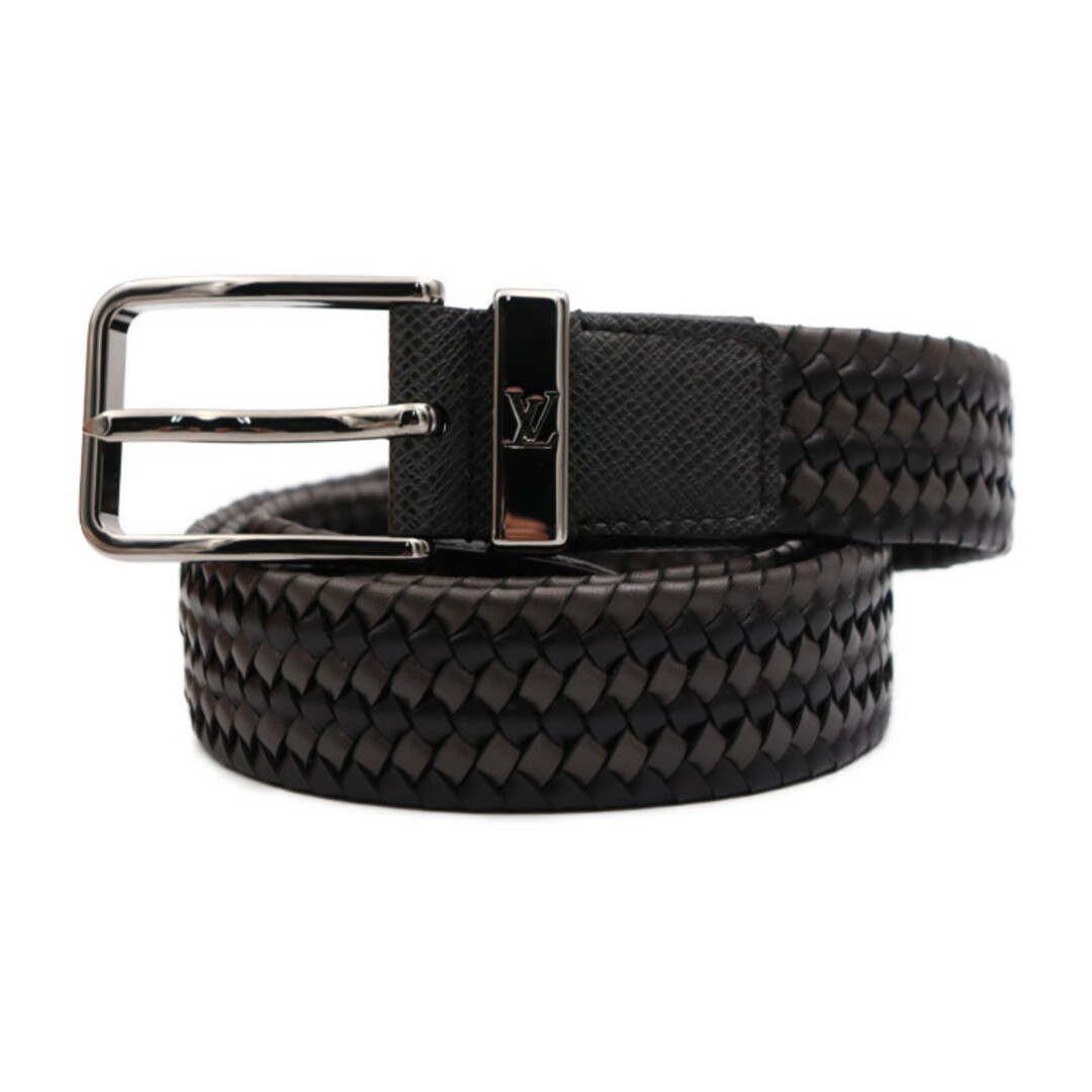 LOUIS VUITTON - LOUIS VUITTON ルイ ヴィトン  サンチュール・ポンヌフ ブレイデッド 35MM ベルト M0377 レザー   グレー系 ブラック シルバー金具 フリー調節 編み込み 【本物保証】