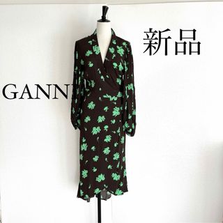 GANNI ガニー　ベルト付き花柄 シャツワンピース　グリーン　S(34)サイズ(ひざ丈ワンピース)