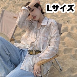 【大人気】シアーシャツ 春 長袖 ゆったり 水彩画デザイン オーバーサイズ L(シャツ/ブラウス(長袖/七分))