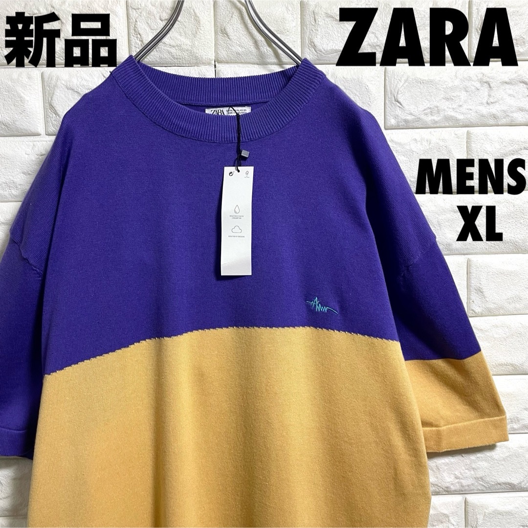 ZARA(ザラ)の新品タグ付き　ZARA ザラ　半袖ニット　刺繍ロゴ　メンズXLサイズ メンズのトップス(ニット/セーター)の商品写真